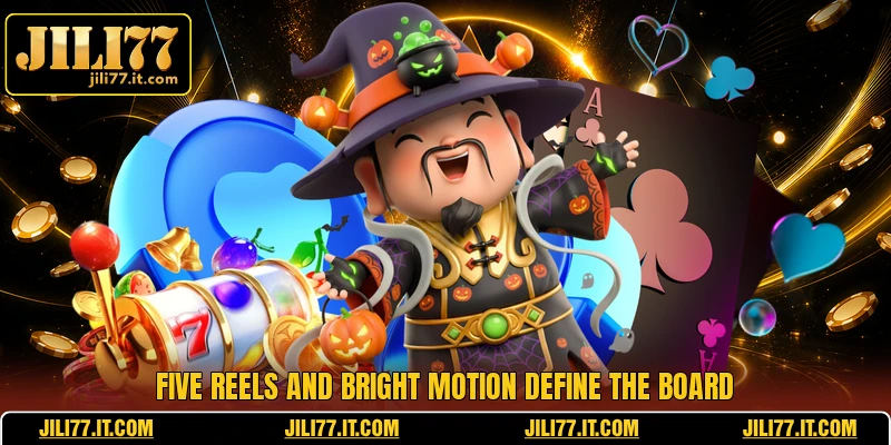 Five reels and bright motion define the board